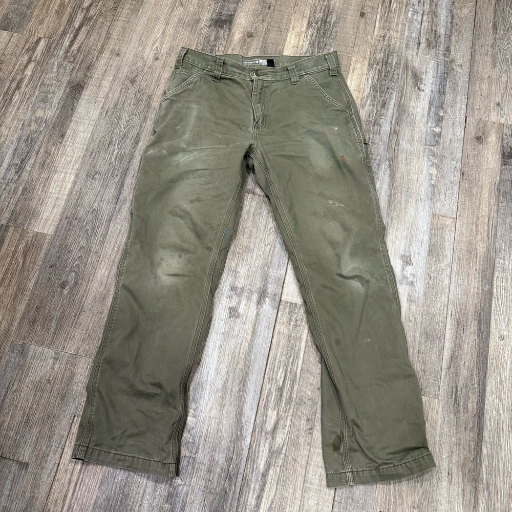 Men's Olive Green Pants CARHARTT CARGO RELAXED PANTS WORK 33x32 distressed worn
